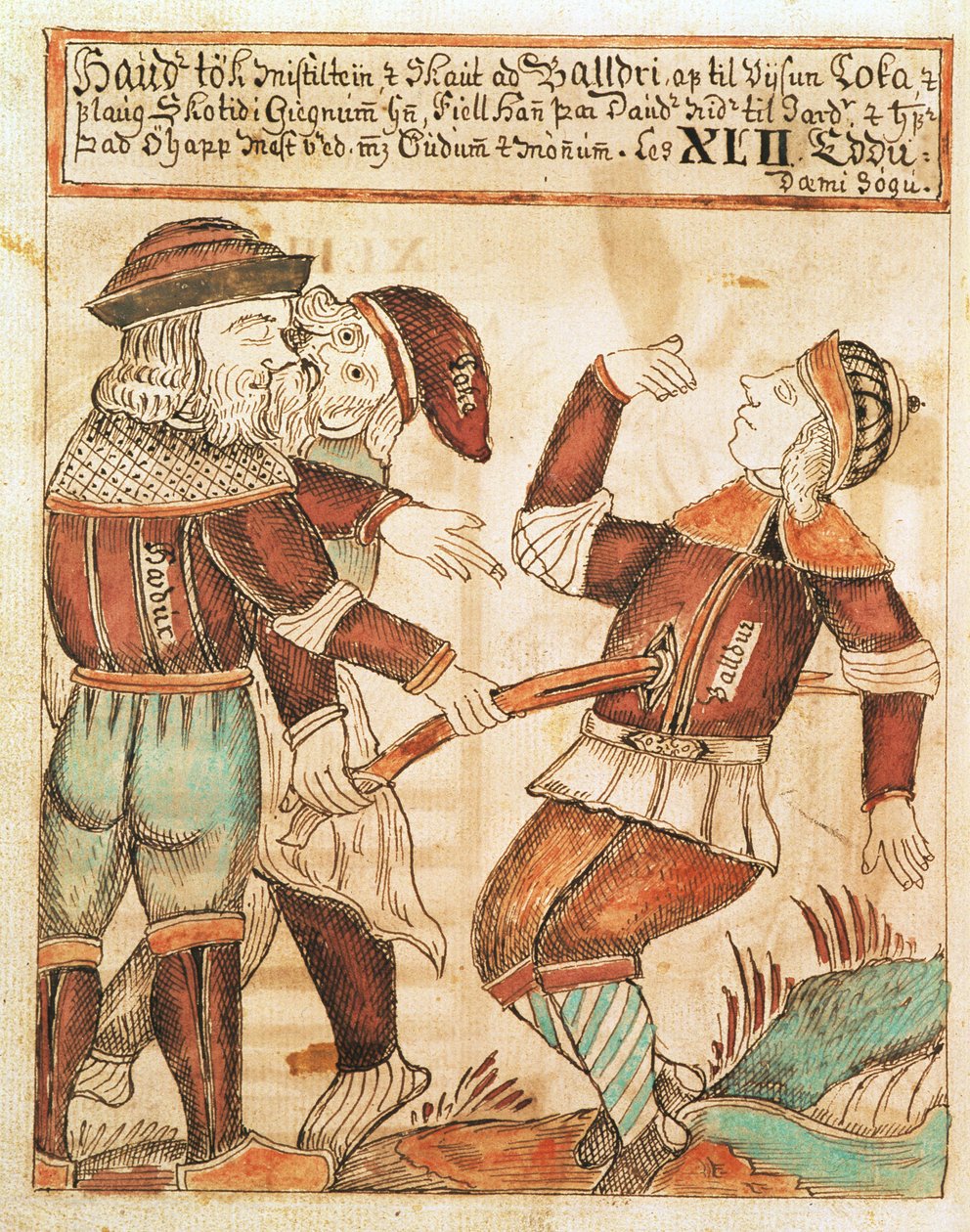 Ny Kgl Saml 1867.4, s.95v The Killing of Balder (kynä & muste ja akvarelli paperille) (katso myös 169947) tekijältä Icelandic School