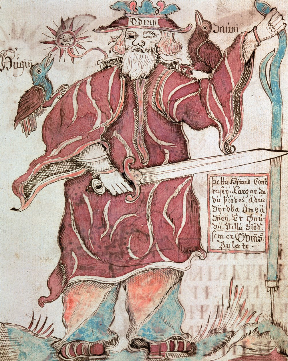 Odin ja hänen kaksi varistaan, Hugin (ajatus) ja Munin (muisti). tekijältä Icelandic School