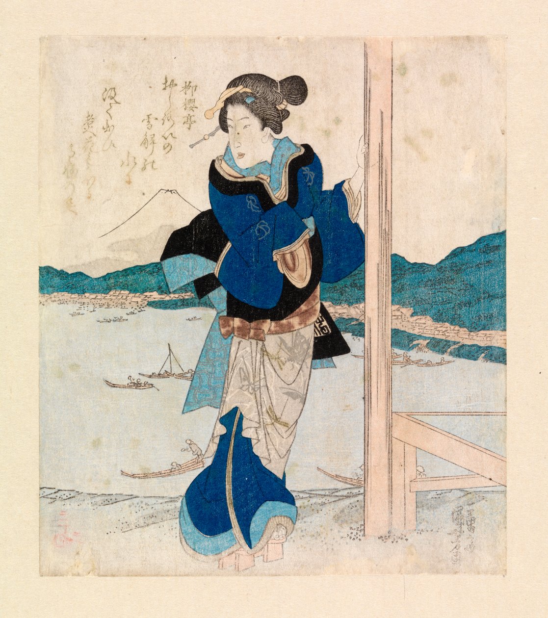 Geisha kirsikkapuupaviljongin parvekkeella, n.1830 (värillinen puupiirros) tekijältä Ichiyusai Kuniyoshi