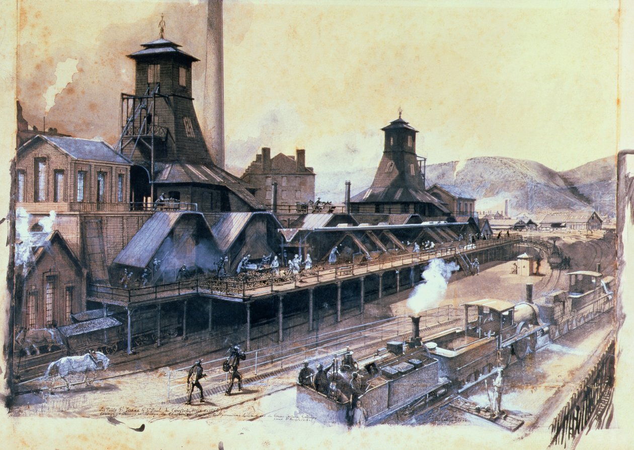 St. Pierren ja St. Paulin kuopat Le Creusotissa, 1866 (muste ja guassi paperille) tekijältä Ignace Francois Bonhomme