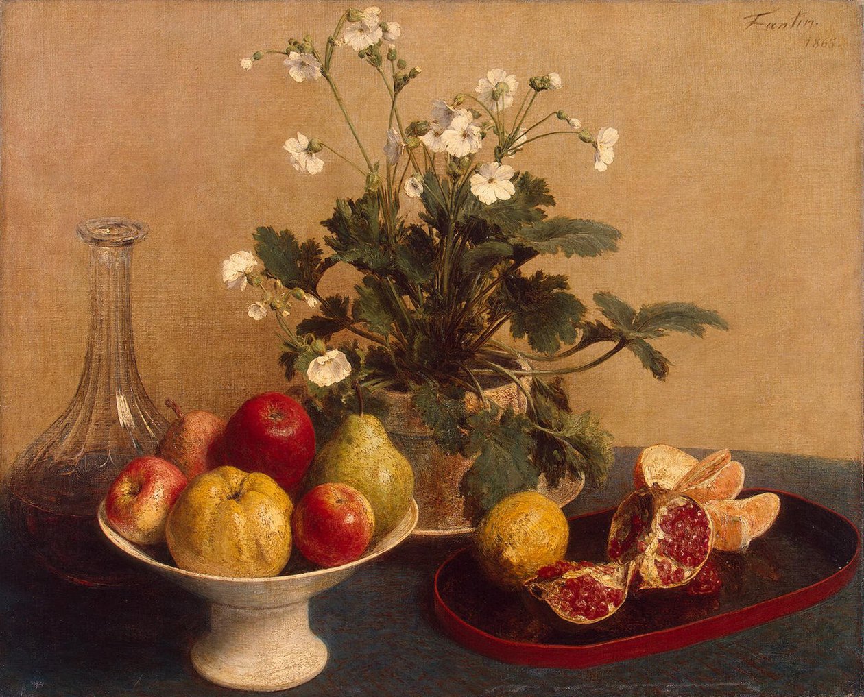 Kukkia, hedelmälautanen ja karahvi, 1865 tekijältä Ignace Henri Jean Fantin Latour