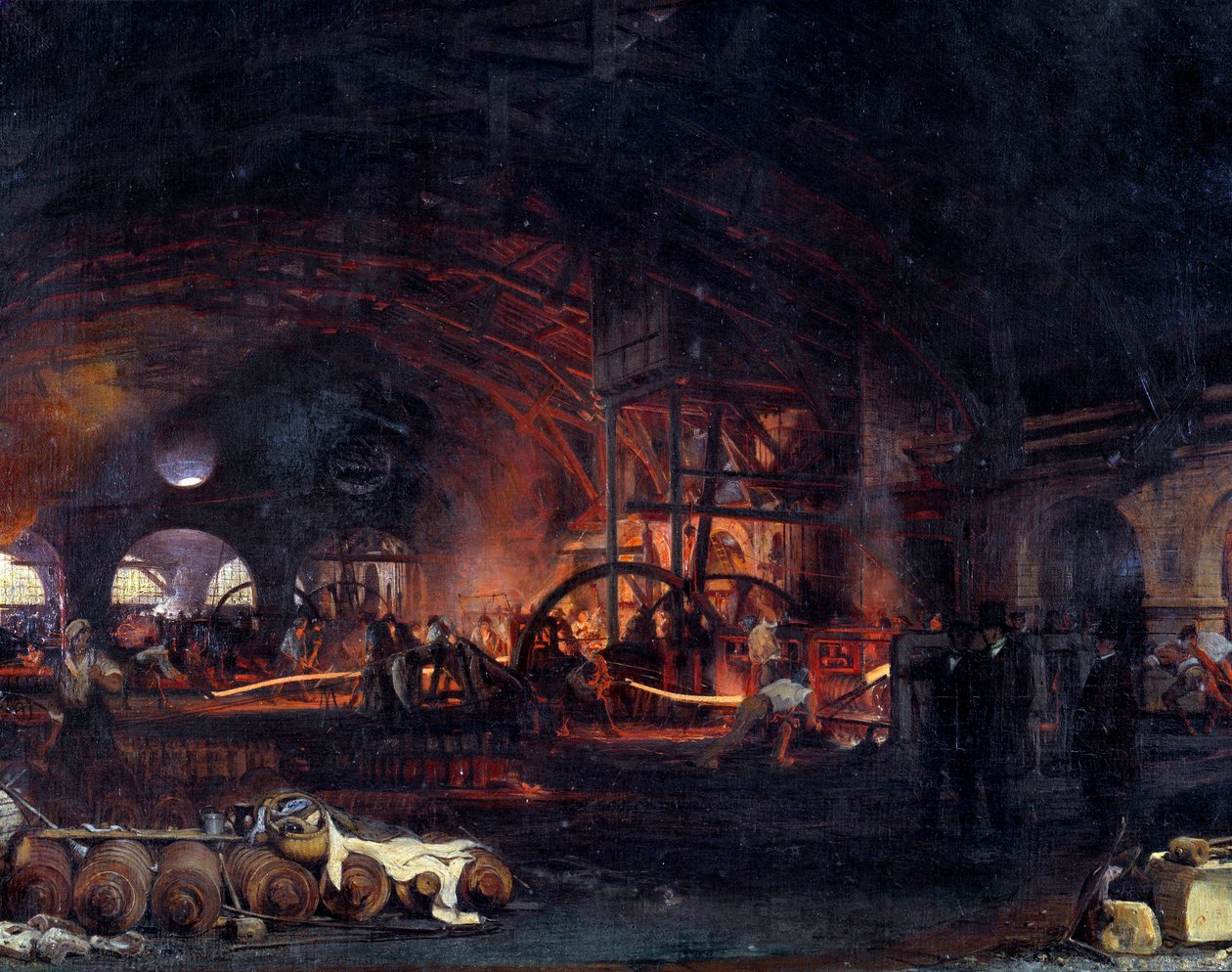 Teollinen vallankumous: "" Fourchambaultin suuri takomo"" Yksityiskohta Francois Bonhommen (1809-1881) maalauksesta 1839. Fourchambault tekijältä Ignace Francois Bonhomme