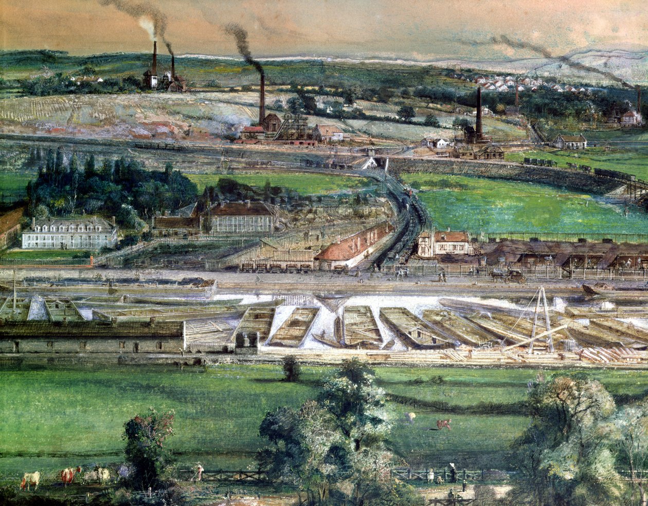 Blanzyn hiilikentän teollisuusmaisema, Saone-et-Loire, n.1860 wc paperille, yksityiskohta 157397:stä. tekijältä Ignace Francois Bonhomme