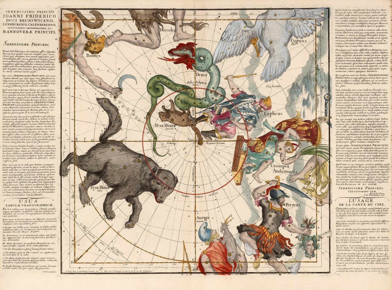 Pohjoisnapa, levy 1 kuvauksesta taivaallisesta maapallosta litteissä kehyksissä, pub. 1674 (käsinvärinen kaiverrus) tekijältä Ignace Gaston Pardies