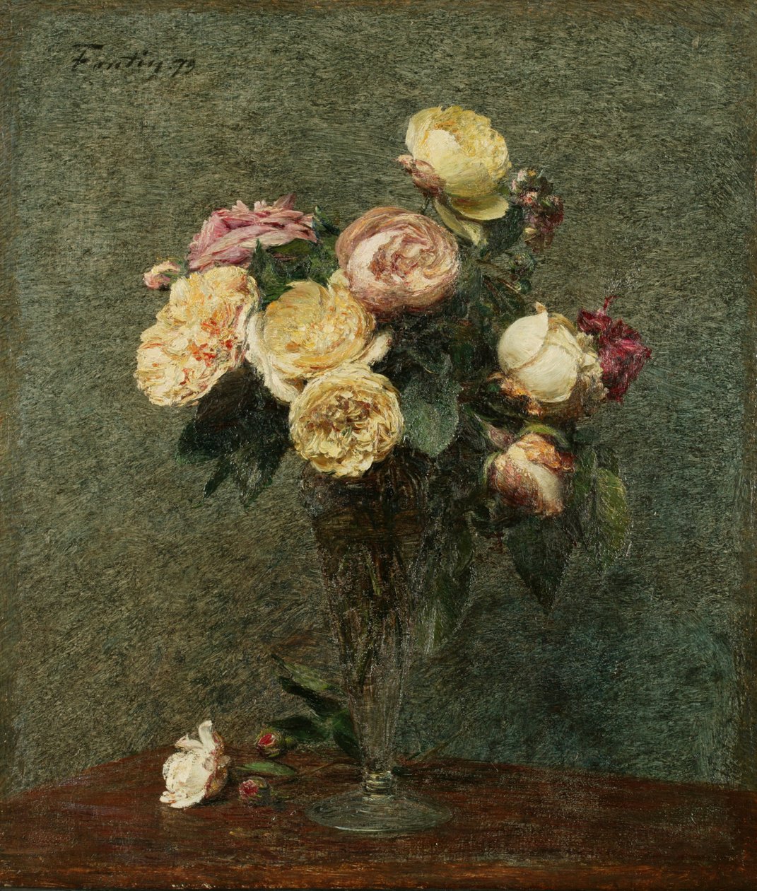 Asetelma: ruusut lasimaljakossa tekijältä Ignace Henri Jean Fantin Latour