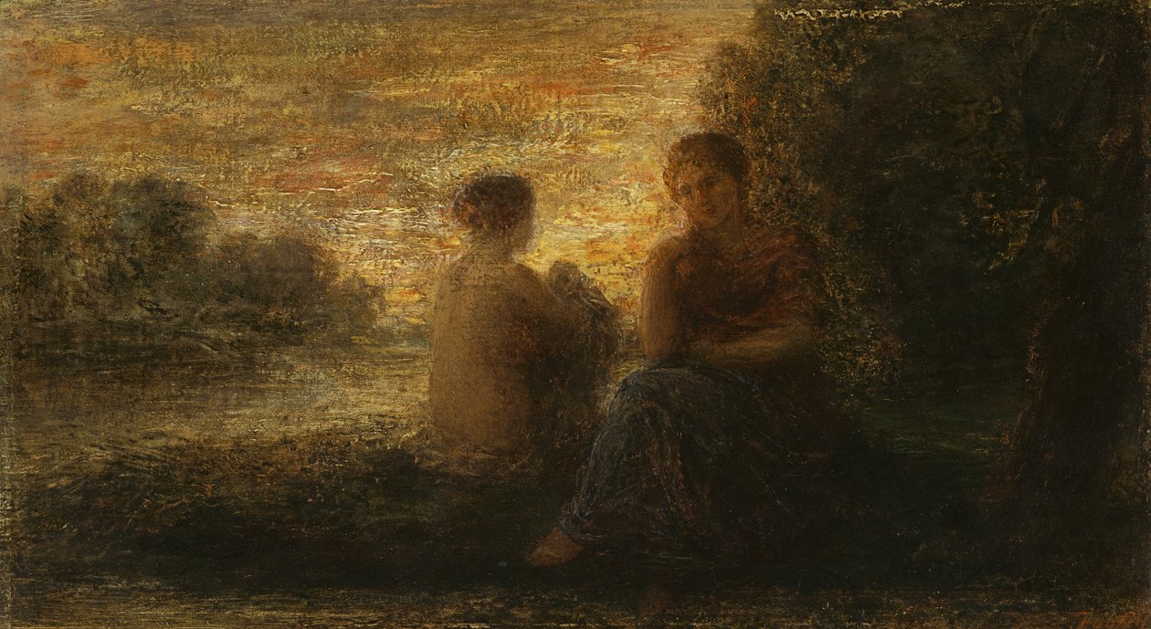 Kaksi naista istuvat lähellä järveä (öljy kankaalle) tekijältä Ignace Henri Jean Fantin Latour
