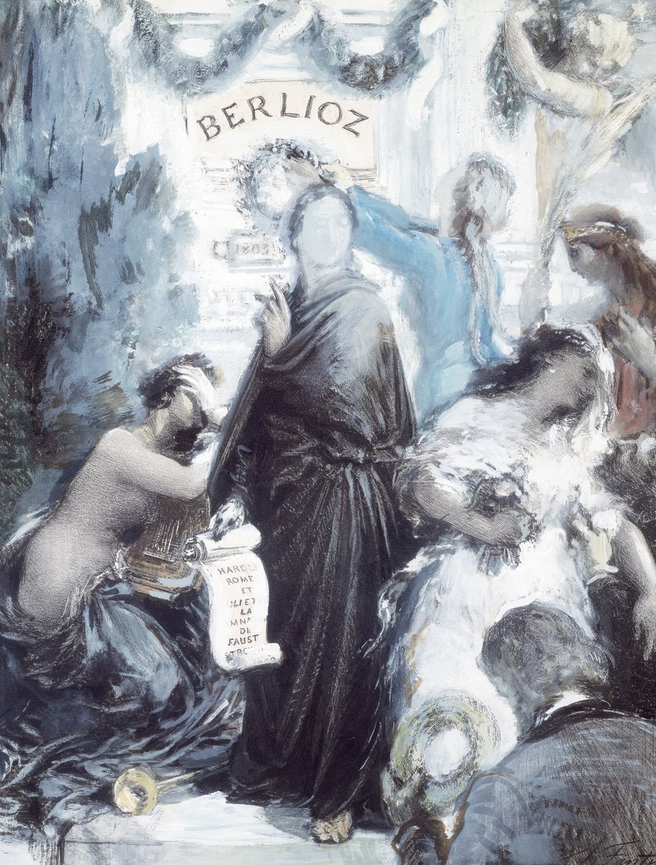 Akvarellilitografia Hector Berliozin syntymän satavuotisjuhlan muistoksi tekijältä Ignace Henri Jean Fantin Latour