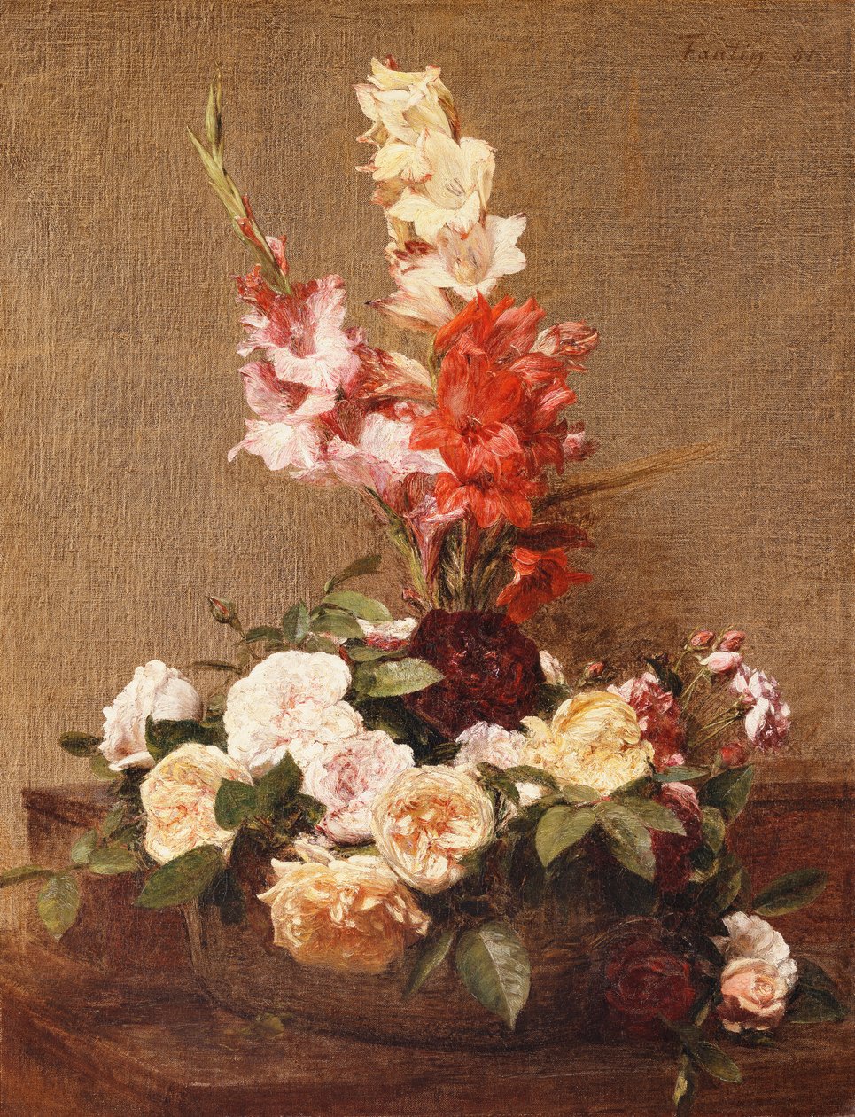 Gladiolit ja ruusut, 1881 tekijältä Ignace Henri Jean Fantin Latour