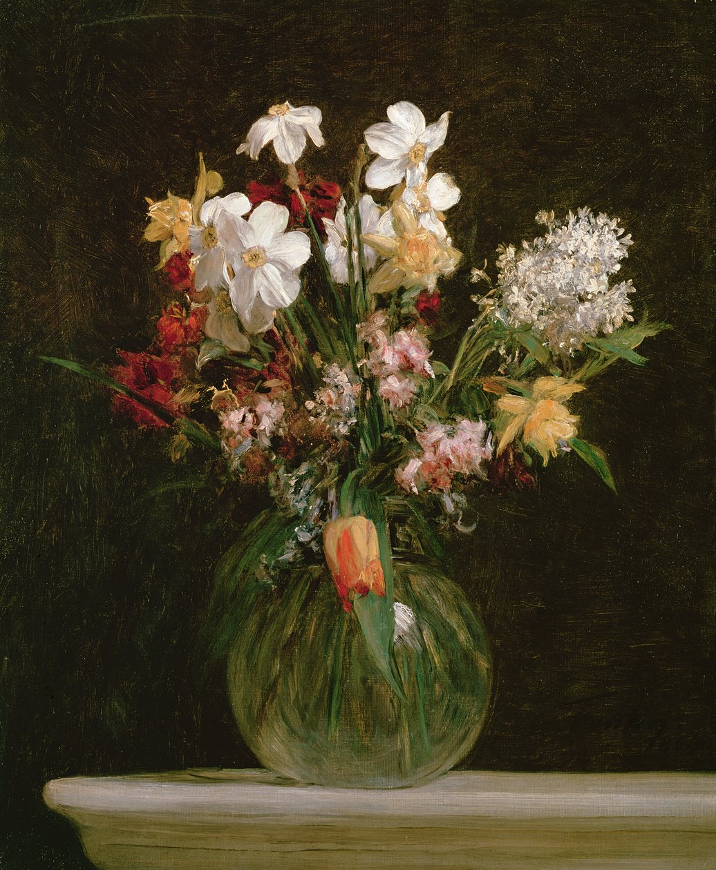 Valkoiset narsissit, hyasintit ja tulppaanit, 1864 tekijältä Ignace Henri Jean Fantin Latour