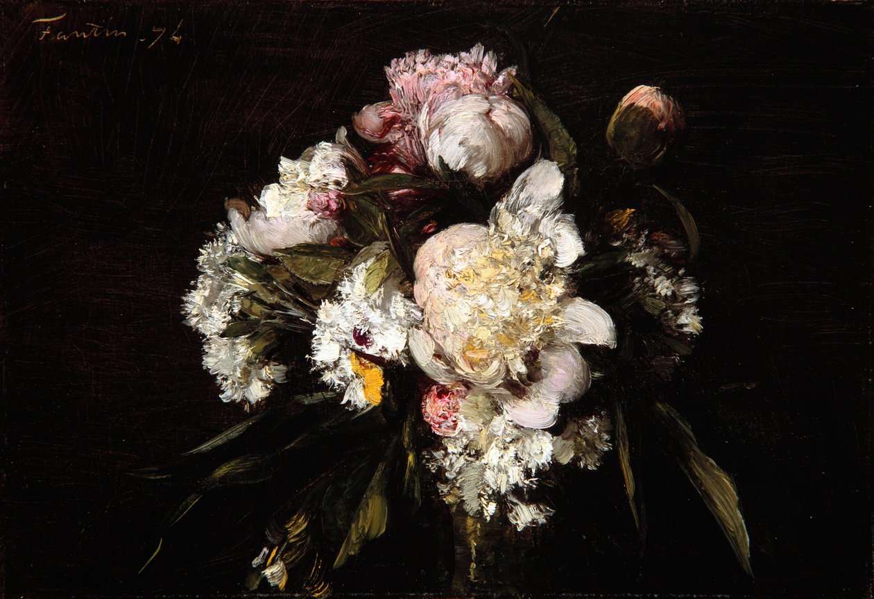 Pionit, valkoiset neilikat ja ruusut, 1874 tekijältä Ignace Henri Jean Fantin Latour