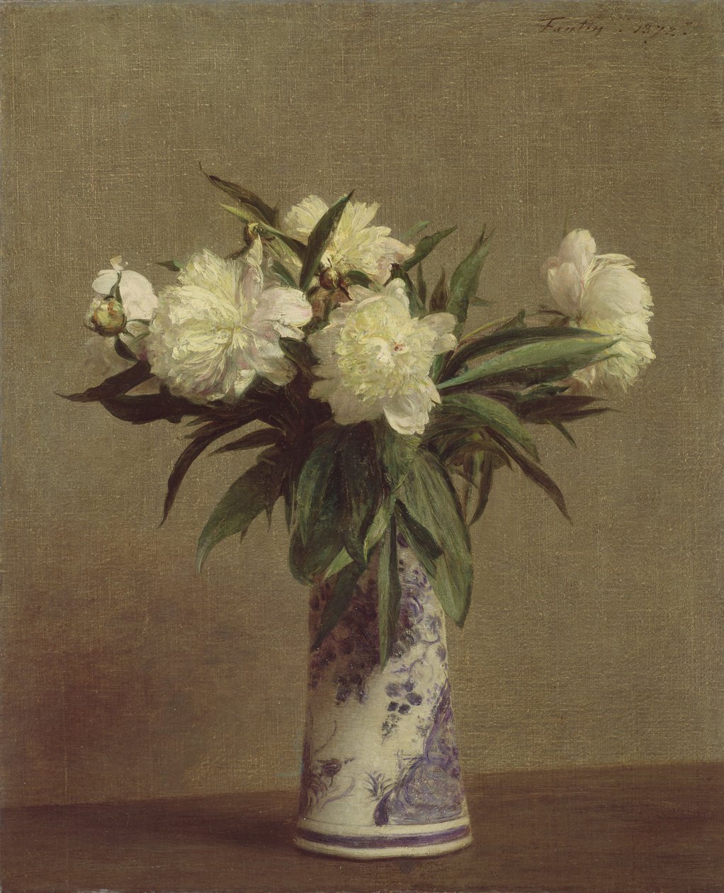 Pionit sinivalkoisessa maljakossa, 1872 tekijältä Ignace Henri Jean Fantin Latour