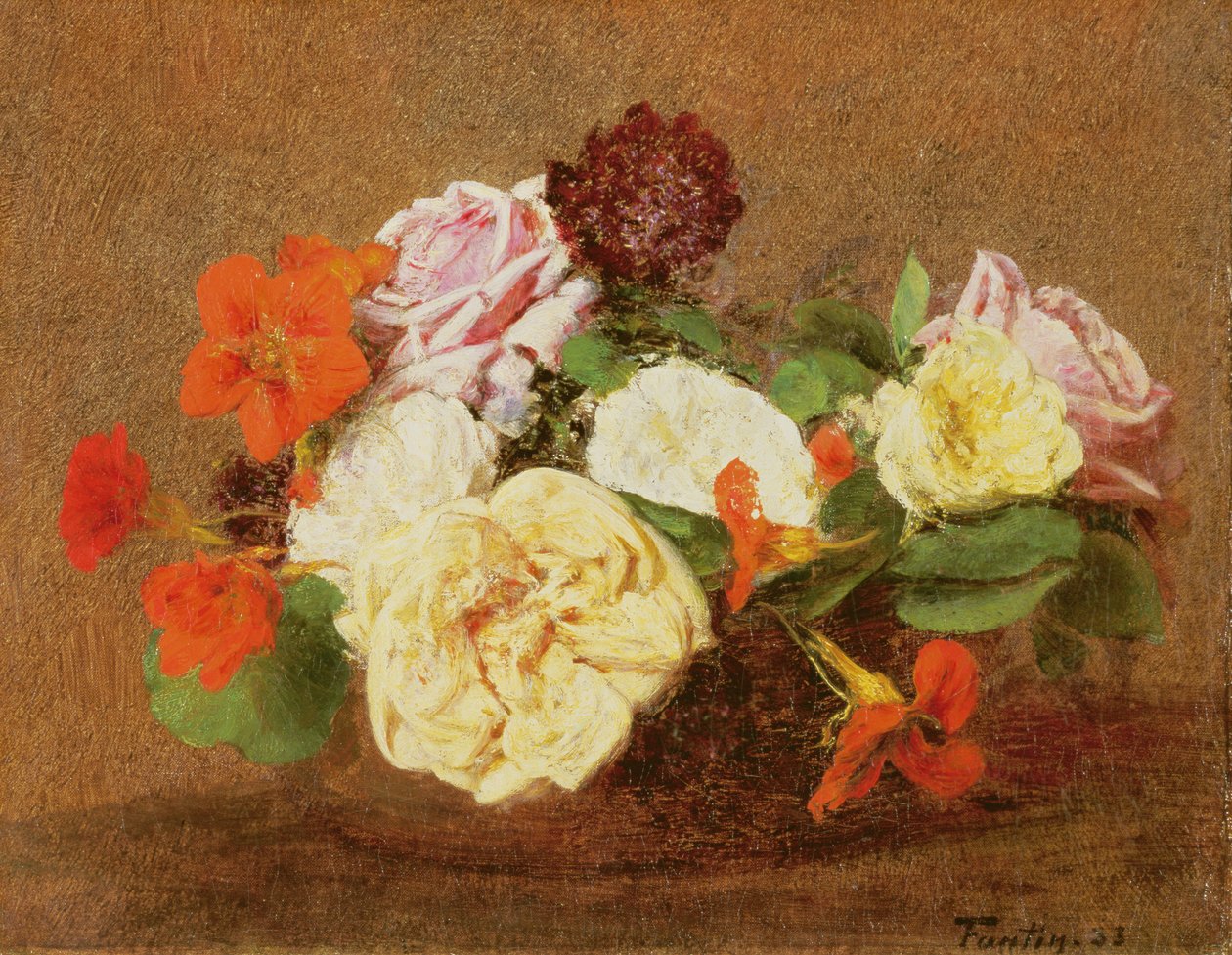 Ruusuja ja nasturtioita maljakossa, 1883 tekijältä Ignace Henri Jean Fantin Latour