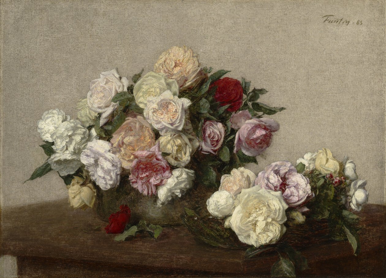 Ruusuja kulhossa ja lautasessa, 1885 tekijältä Ignace Henri Jean Fantin Latour