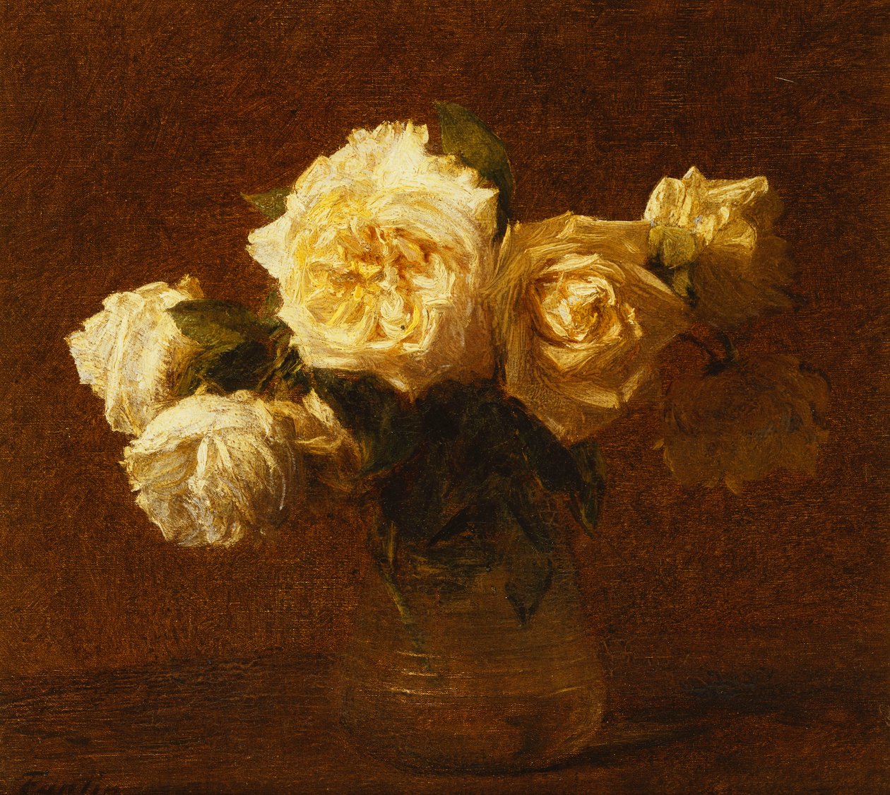 Kuusi keltaista ruusua maljakossa; Kuusi keltaista ruusua maljakossa, 1903 tekijältä Ignace Henri Jean Fantin Latour
