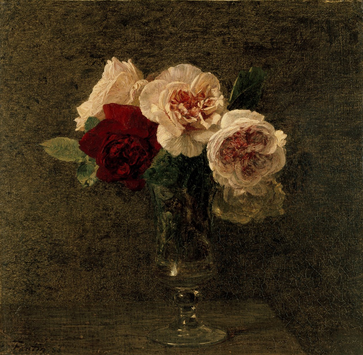 Vaaleanpunaisten ja punaisten ruusujen asetelma, 1800-luku tekijältä Ignace Henri Jean Fantin Latour