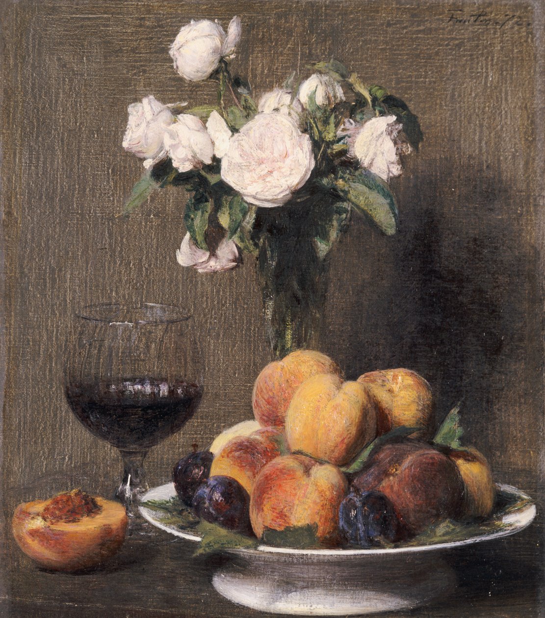 Asetelma ruusuilla, hedelmillä ja lasillisella viiniä, 1872 tekijältä Ignace Henri Jean Fantin Latour