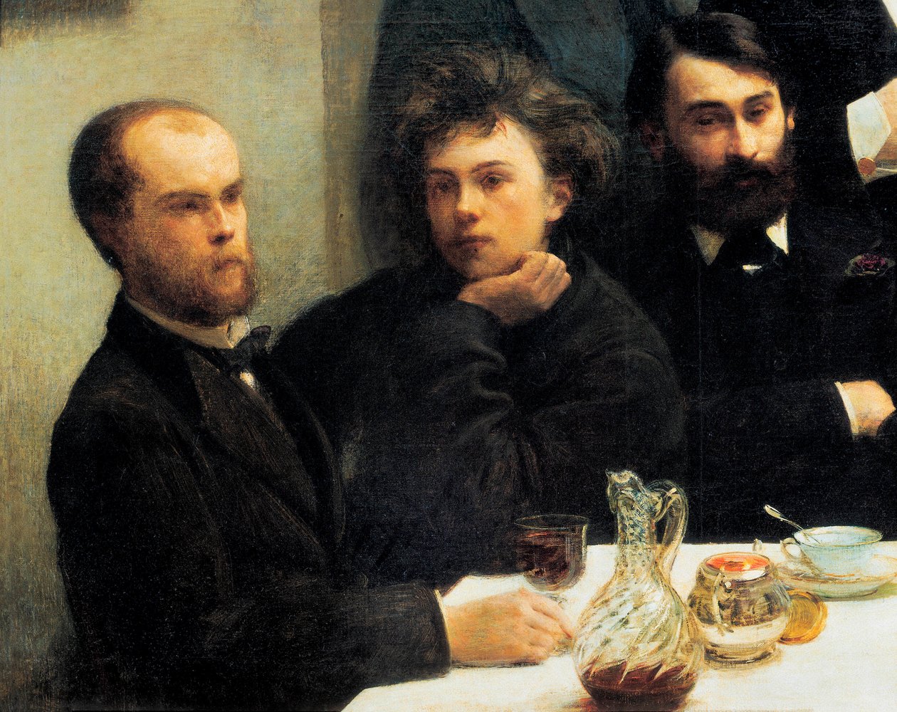 Pöytäkulma: vasemmalta oikealle: Paul Verlaine, Arthur Rimbaud, Elzear Bonnier. (Maalaus, 1800-luku) tekijältä Ignace Henri Jean Fantin Latour