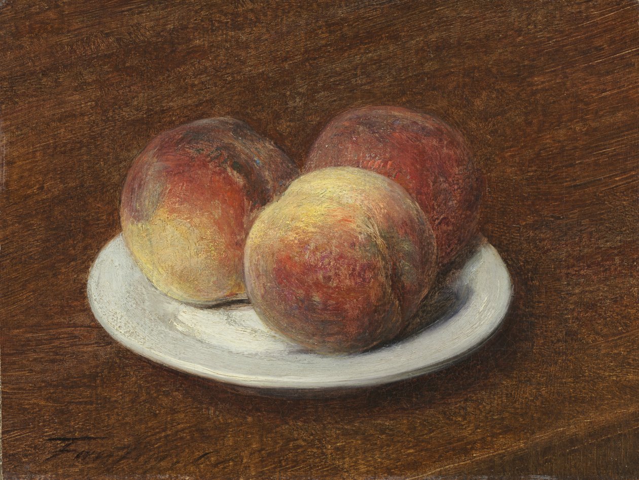 Kolme persikkaa lautasella, 1868 (öljy paperille kankaalle) tekijältä Ignace Henri Jean Fantin Latour