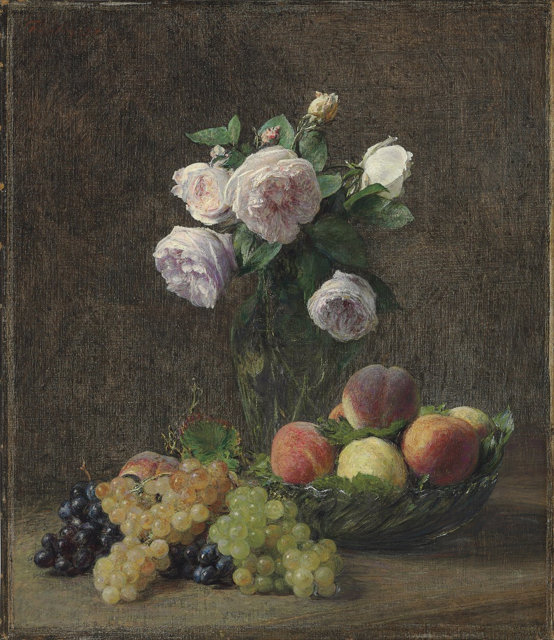 Ruusujen, persikoiden ja viinirypäleiden maljakko, 1894 tekijältä Ignace Henri Jean Fantin Latour