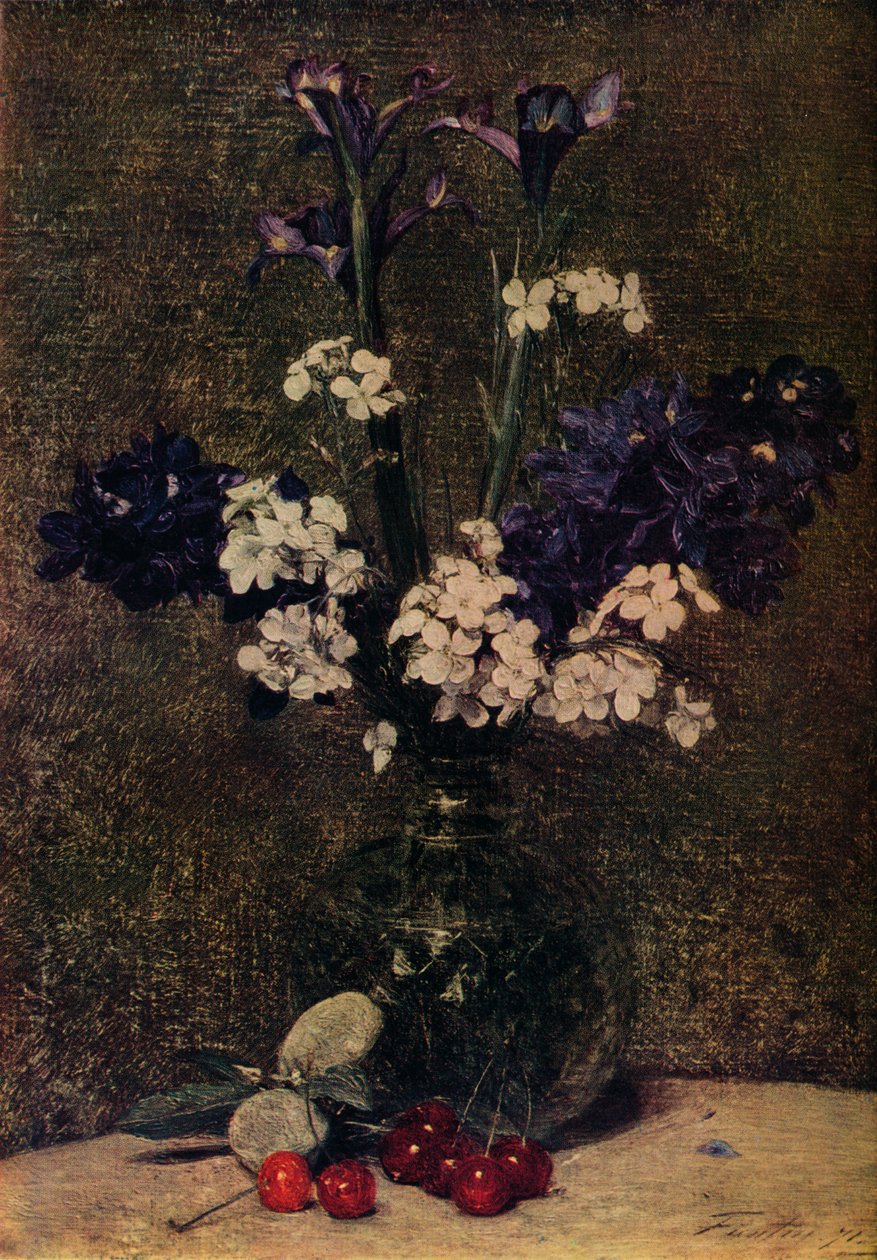 Maljakko kukkia, kirsikoita ja manteleita pöydällä, Nature morte, iirikset, Delphinium-hybridit a tekijältä Ignace Henri Jean Fantin Latour