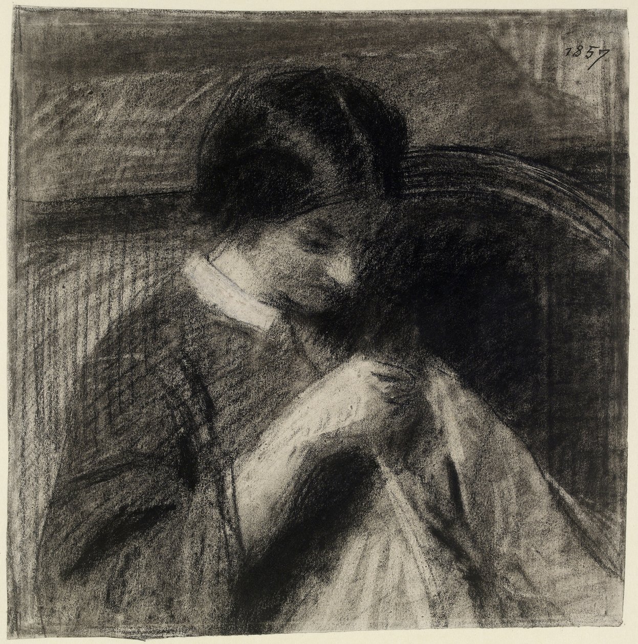 Nainen ompelemassa (hiili, jossa tunkkauksia ja pyyhkäisyjä, kosketettu valkoisella liidulla valkoiselle paperille). tekijältä Ignace Henri Jean Fantin Latour