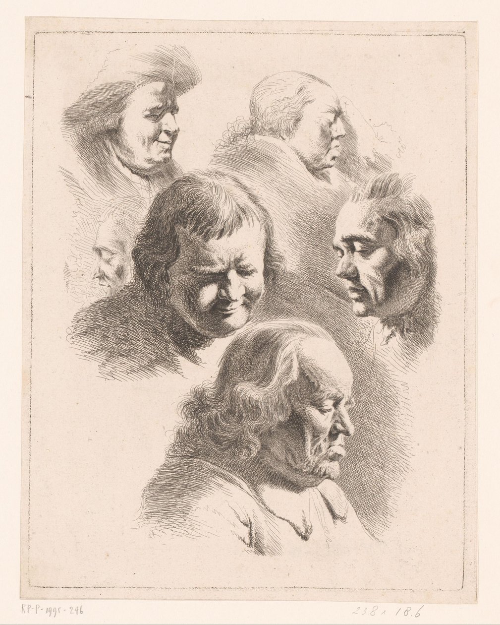 Koostumus, jossa on kuusi miehen ja naisen päätä silmät kiinni tekijältä Ignace Joseph de Claussin (attributed to)