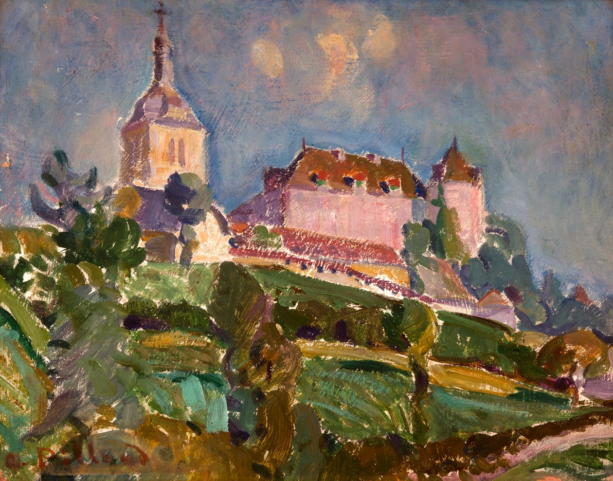 Näkymä linnalle ja Gruyèresin kirkolle, n. 1925-1930 (öljy pahville) tekijältä Ignace Nazaire Oswald Pilloud