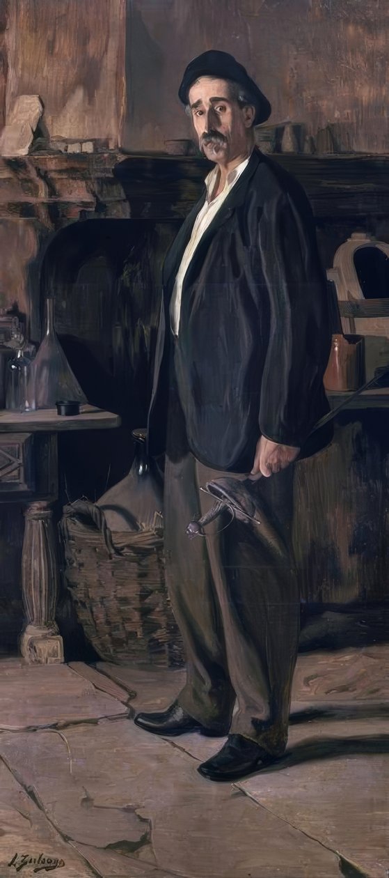 Don Plácido Zuloaga työpajassaan, 1895, Öljy kankaalle, 219 × 100 cm, AS00783 tekijältä Ignacio Zuloaga