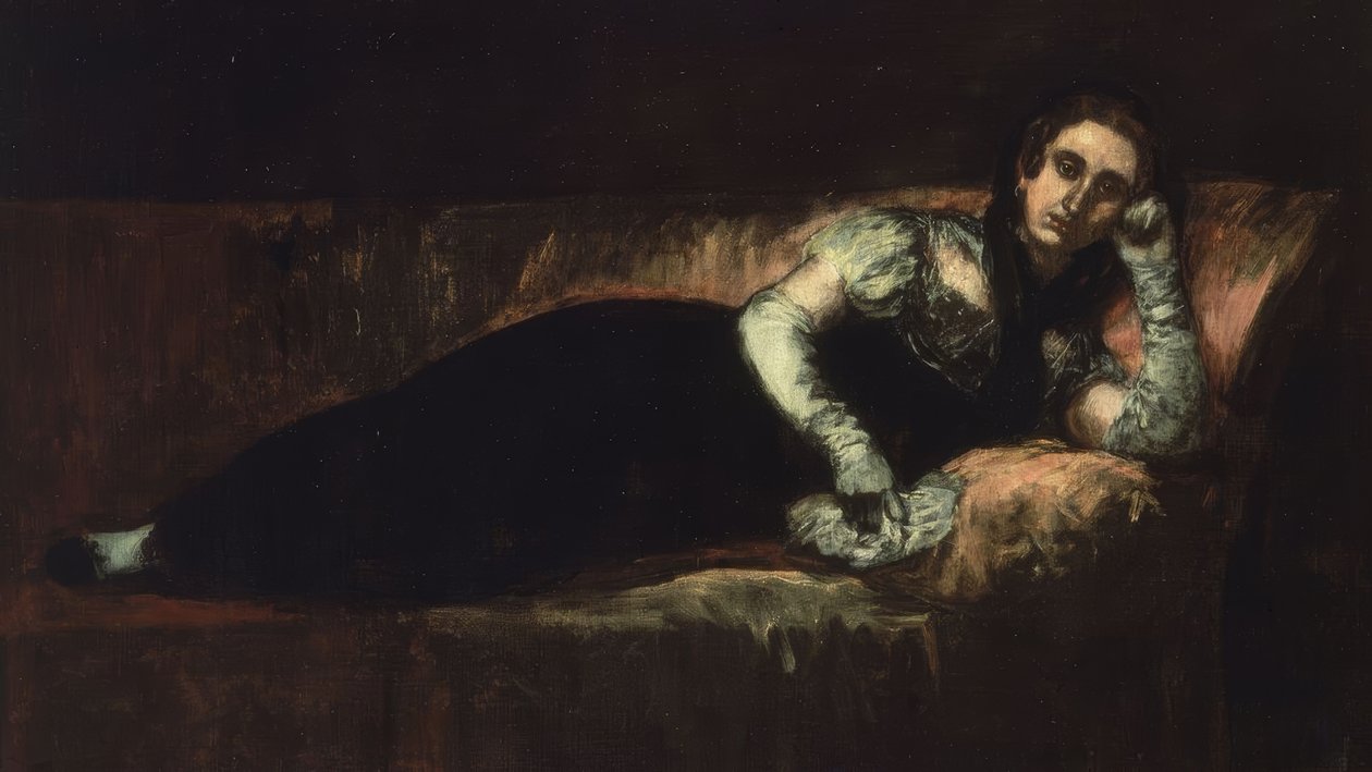 (MUJER RECOSTADA CON MANTILLA EN LA CABEZA Y GUANTES) – SIGLO XX tekijältä Ignacio Zuloaga y Zabaleta