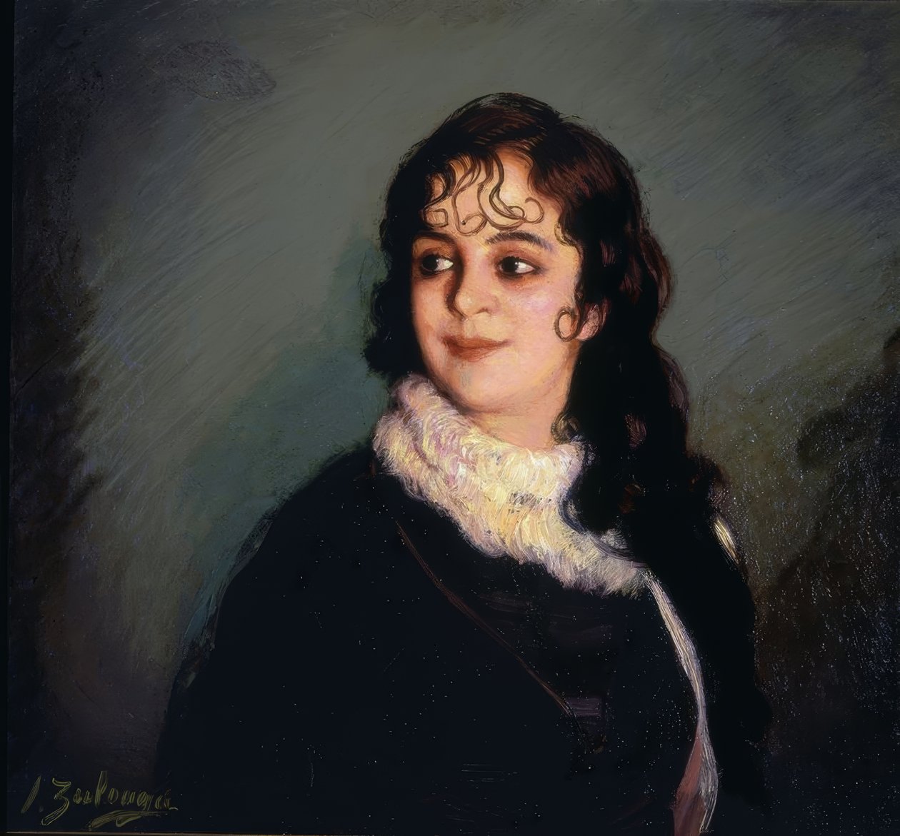 (RETRATO DE MUCHACHA CON RIZOS SOBRE LA FRENTE Y EN LA PATILLA) – SIGLO XX tekijältä Ignacio Zuloaga y Zabaleta