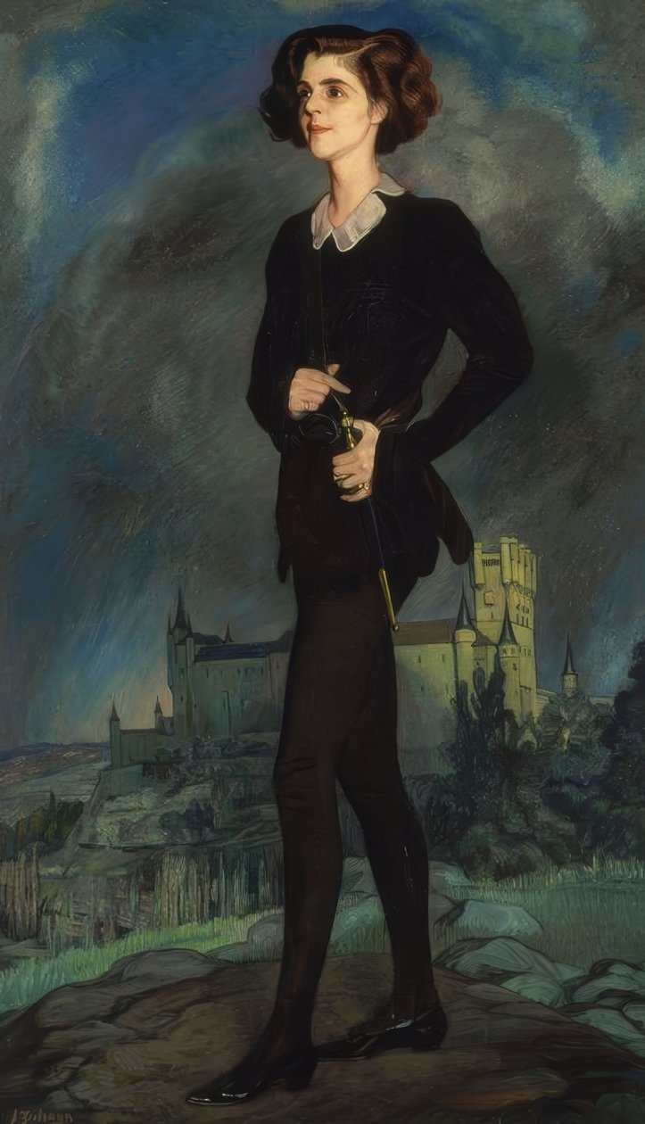 La escritora americana Michael Strange (rouva Barrymore) Con el Alcázar al fondo