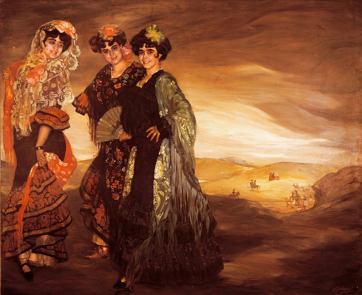 Kolme serkkua (perinteisillä espanjalaisilla tanssijoiden puvuilla) n. 1903 (öljy kankaalle) tekijältä Ignacio Zuloaga y Zabaleta