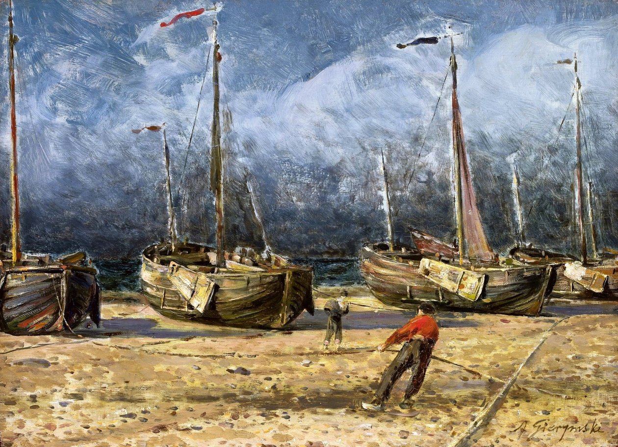 Kalastusaluksia rannalla. tekijältä Ignacy Aleksander Gierymski