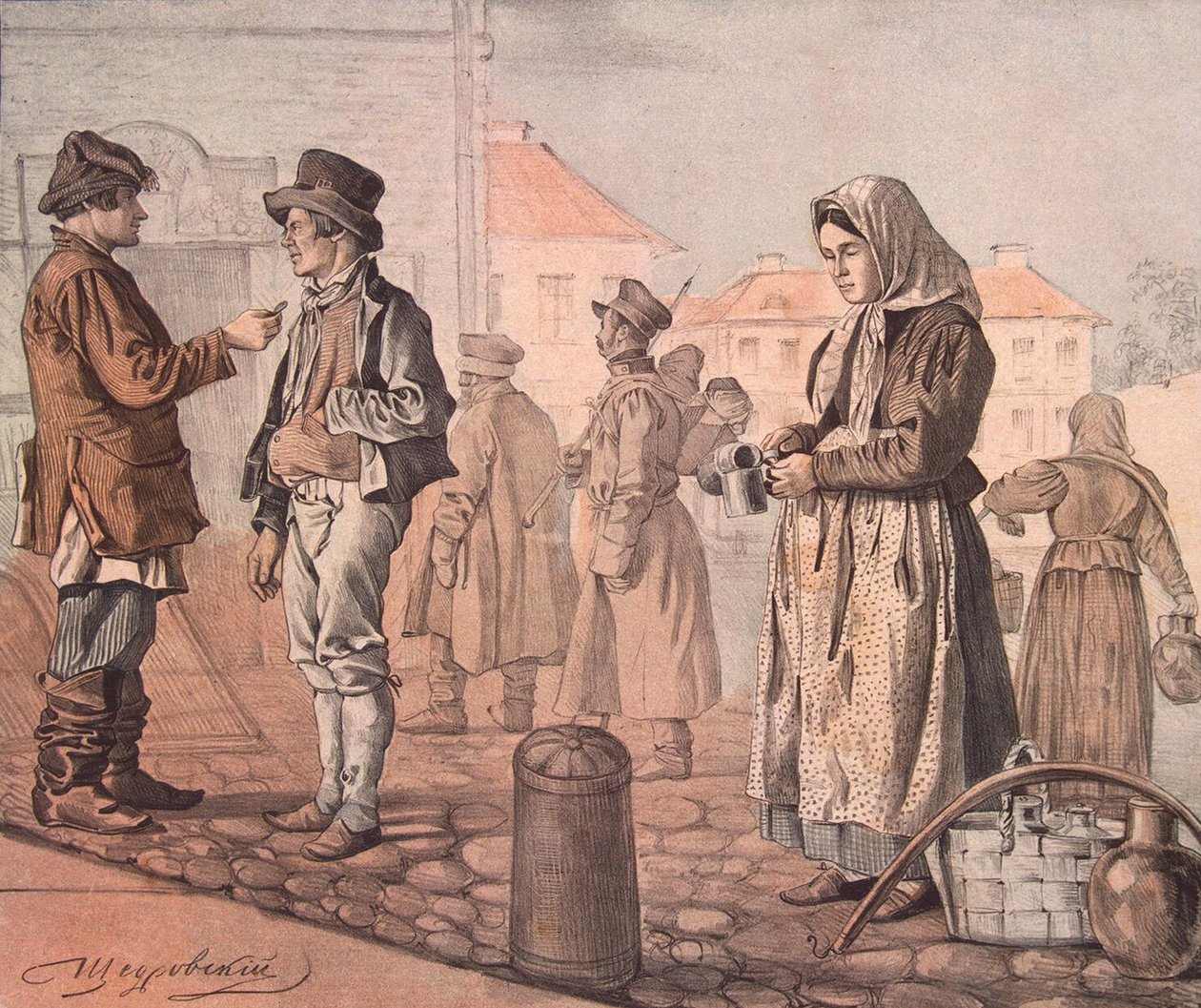 Katumaidon myyjä sarjasta Nämä ovat ihmisiämme, 1842 tekijältä Ignati Stepanovich Shchedrovsky
