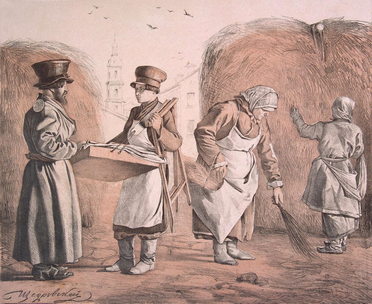 Street Pedlar of Pies ja Coachman sarjasta Nämä ovat ihmisiämme, 1842 tekijältä Ignati Stepanovich Shchedrovsky