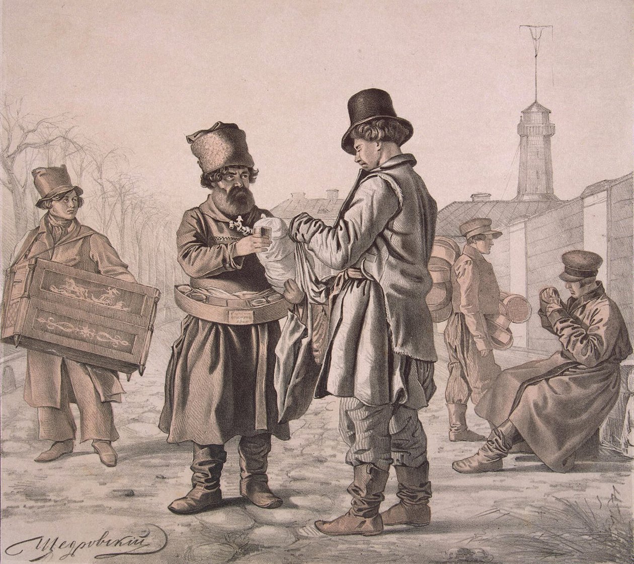 Street Sbiten -myyjä sarjasta Nämä ovat ihmisiämme, 1842 tekijältä Ignati Stepanovich Shchedrovsky