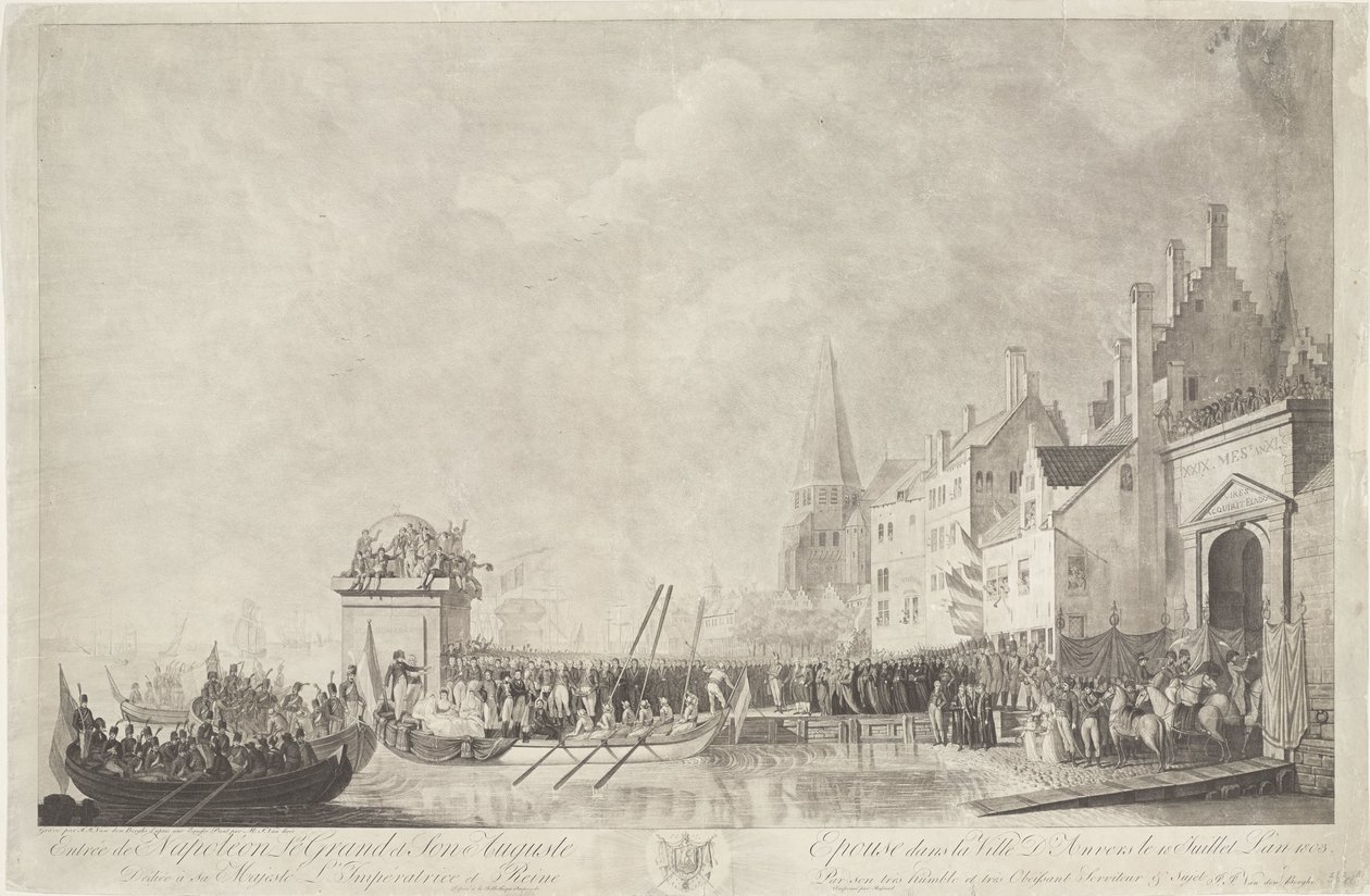 Aankomst van Napoleon Josephine te Antwerpenissä, 1803 Napoleon Suuren ja hänen Auguste-puolisonsa saapuminen Antwerpenin kaupunkiin 18. heinäkuuta 1803 (otsikko esineessä) tekijältä Ignatius Joseph van den Berghe