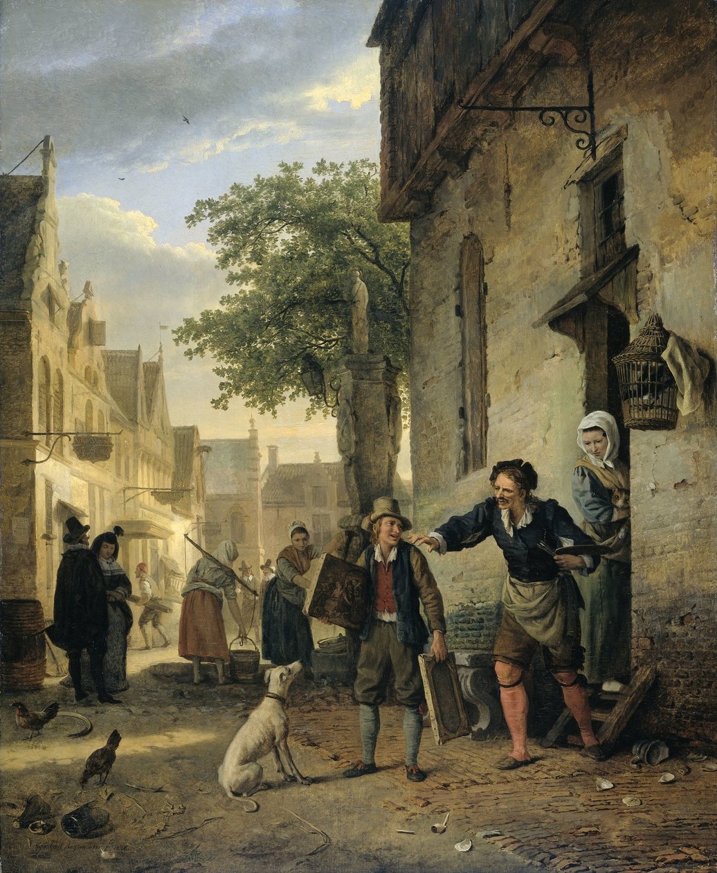 Jan Steen lähettää poikansa kaduille vaihtamaan maalauksia olutta ja viiniä vastaan tekijältä Ignatius Josephus van Regemorter