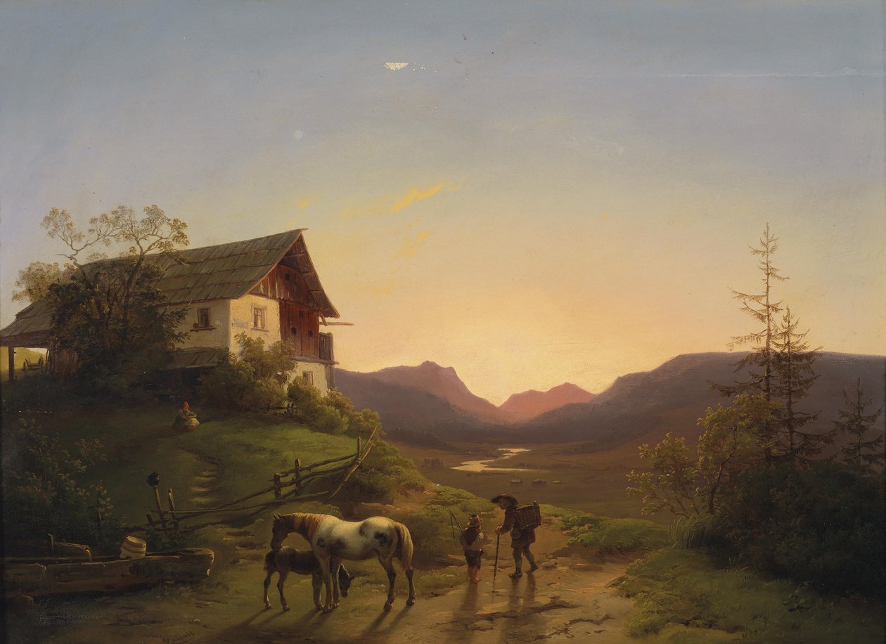 Abendstimmung vor weiter Landschaft mit Pferden tekijältä Ignaz Raffalt
