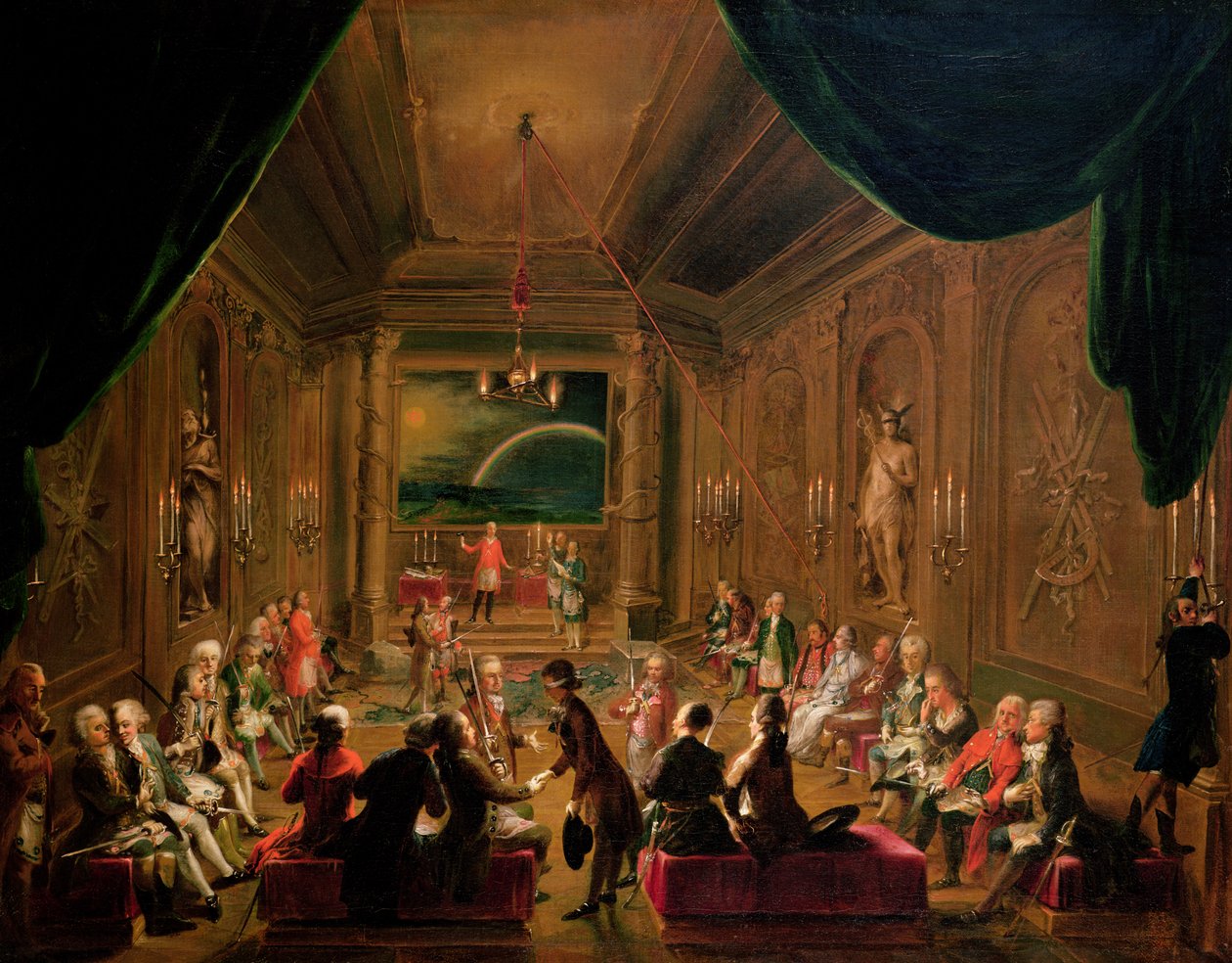 Vihkimisseremonia wieniläisessä vapaamuurarien loosissa Joseph II:n hallituskaudella, Mozartin istuessa äärivasemmalla, 1784 tekijältä Ignaz Unterberger