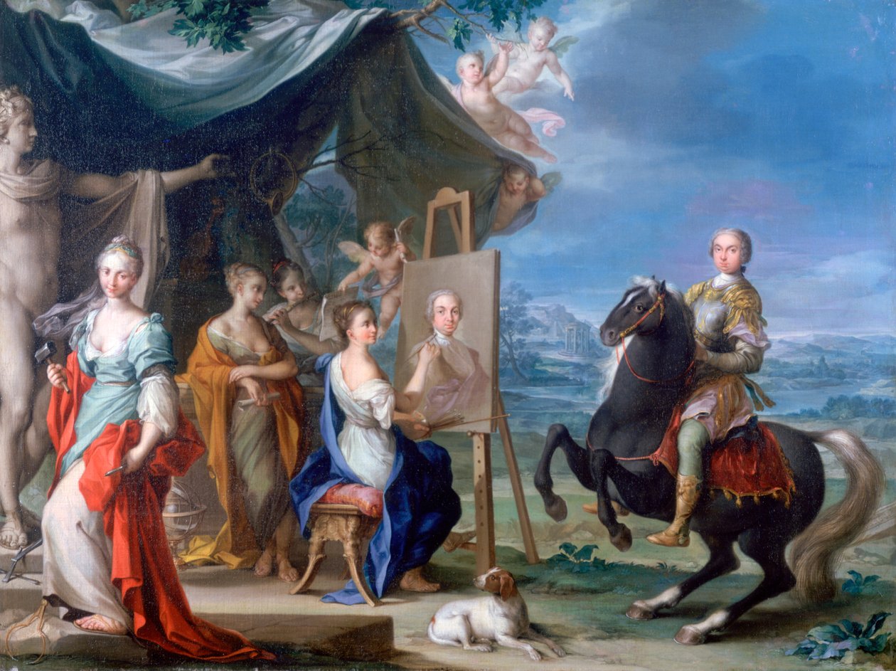 "Aatelisen ratsastusmuotokuva taiteen suojelijana", c1699-1748 tekijältä Ignaz Stern