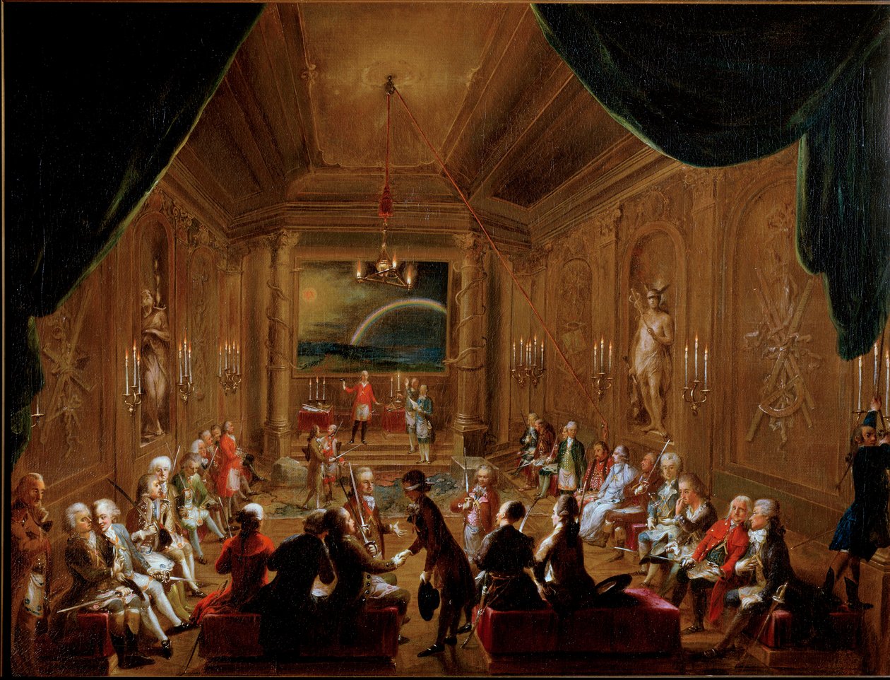 Crown Esperancen Maconic Lodgen (Franc Maconin jälleennäkeminen, Zur gekronten Hoffnung) jälleennäkeminen Wienissä vuonna 1790. Wolfgang Amadeus Mozart (1756-1791) istuu aivan etualalla. Ignaz Unterbergerin maalaus. Wienin kaupungin historiallinen museo Vi tekijältä Ignaz Unterberger