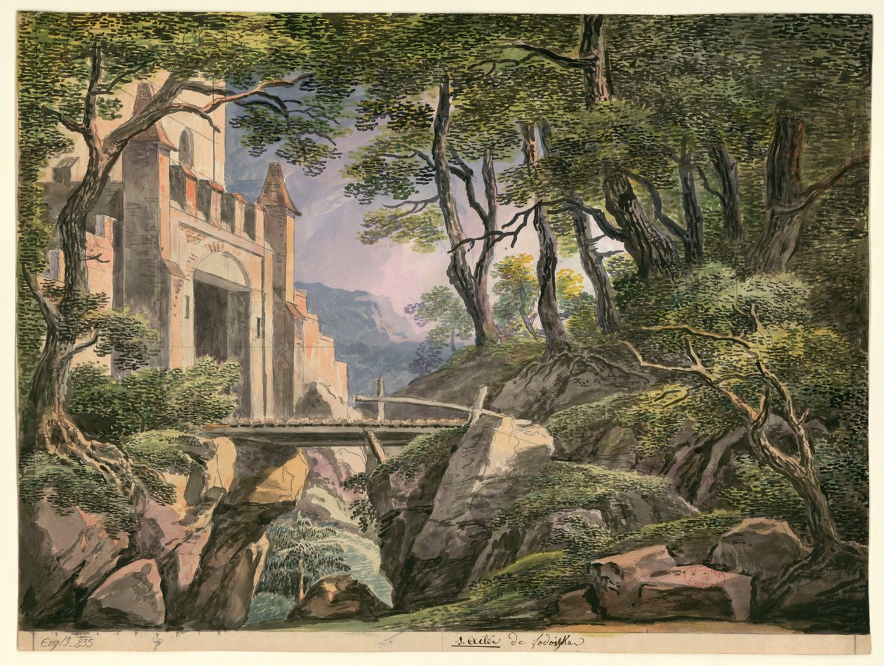 Cherubinin oopperan "Lodoïska" ensimmäisen näytöksen sisustuksen luonnos, ensiesitys Pariisin Théâtre Feydeaussa 18. heinäkuuta 1791. tekijältä Ignazio Degotti