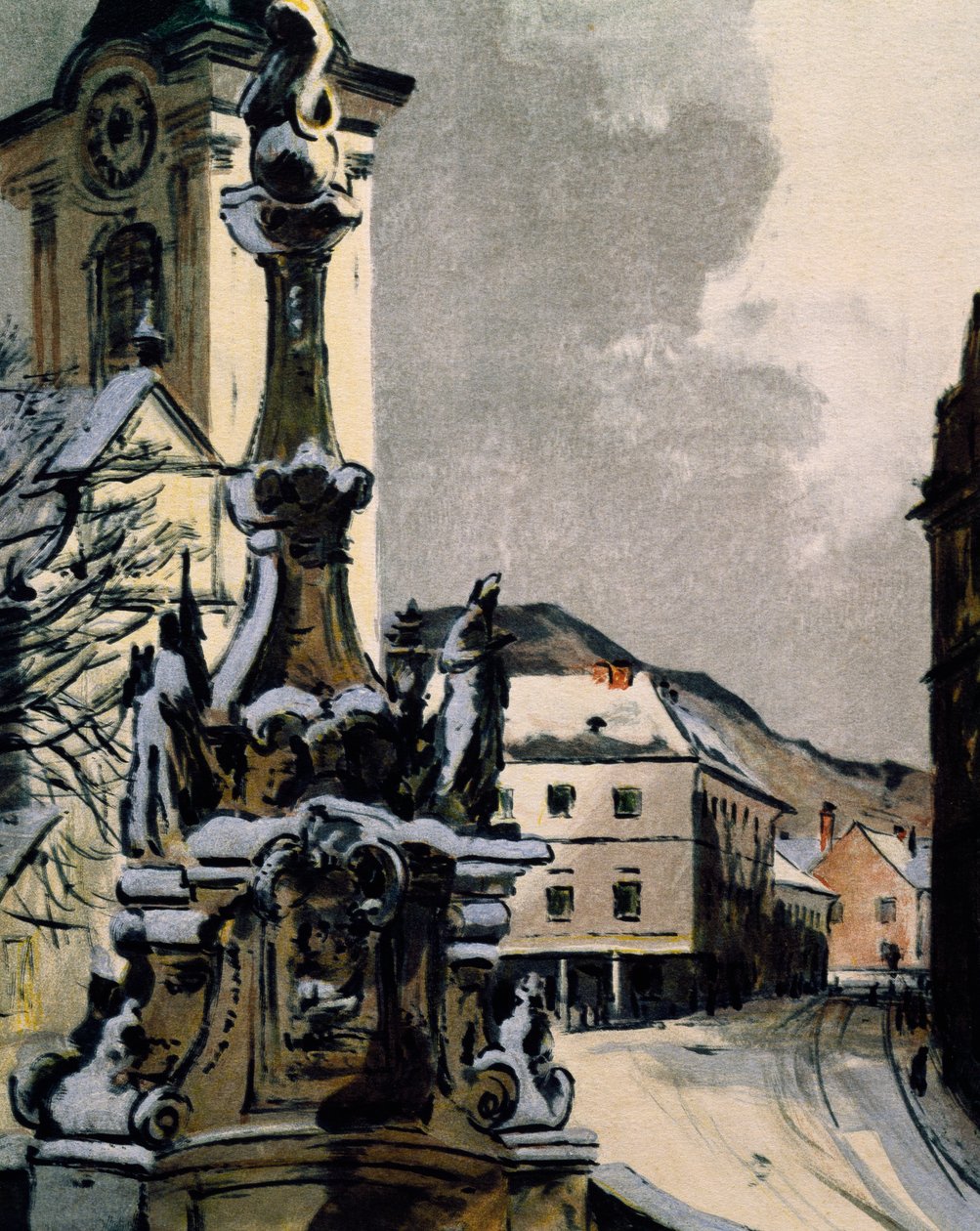 Näkymä Hainburg an der Donausta, Itävallasta, kaupungista, jossa Franz Joseph Haydn (1732-1809) opiskeli musiikkia vuosina 1738-1740, Igo Potschin (1884-1943) vedos muusikon satavuotisjuhlan kunniaksi tekijältä Igo Potsch