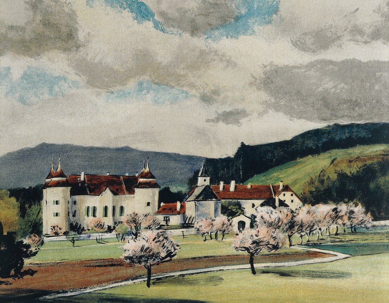 Weinzierlin linna lähellä Wieselburgia, n. 1909 (akvarelli paperille) tekijältä Igo Potsch