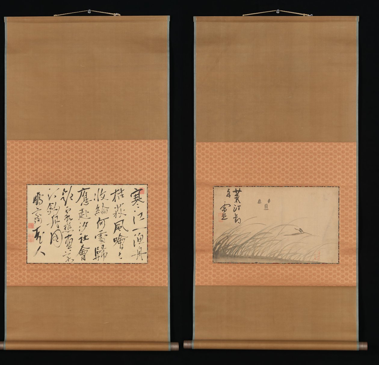 Kalastusvene kaislalla ja kalligrafiaa, 1700-1800-luku. tekijältä Ike no Taiga