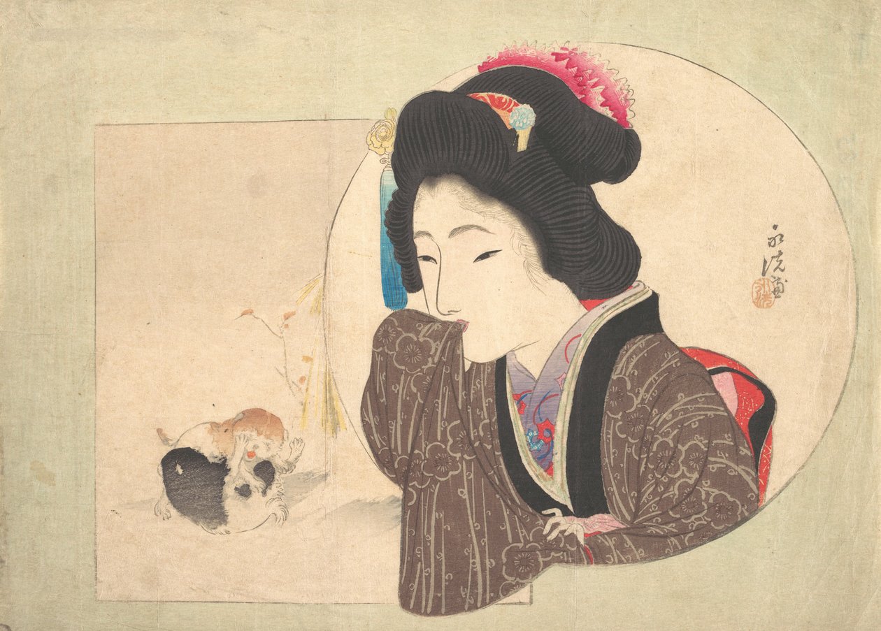 Printti [nainen ja pennut], 1800-luvun alku-puoli. tekijältä Ikeda Eisen