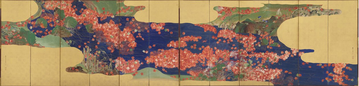 Vaahteranlehdet purossa, kuuden paneelin näyttö, Edo-kausi tekijältä Ikeda Koson