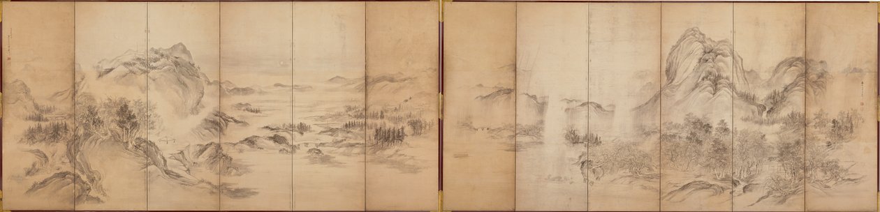 Mountain Views, kuuden paneelin näytön kääntöpuoli, Edo-kausi, 1856-58 (pesu paperille) tekijältä Ikeda Koson