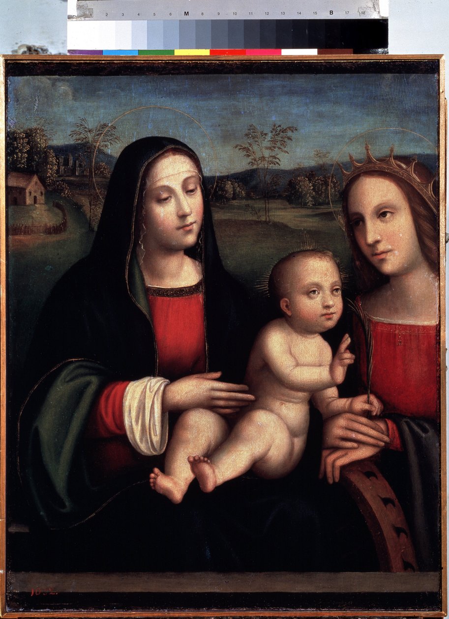 "Madonna ja lapsi Pyhän Katariinan kanssa Aleksandrialaisen"" Francesco Raibolinin maalaus dit il Francia (1450-1518) Pietarin Eremitaaši tekijältä Il  Francia
